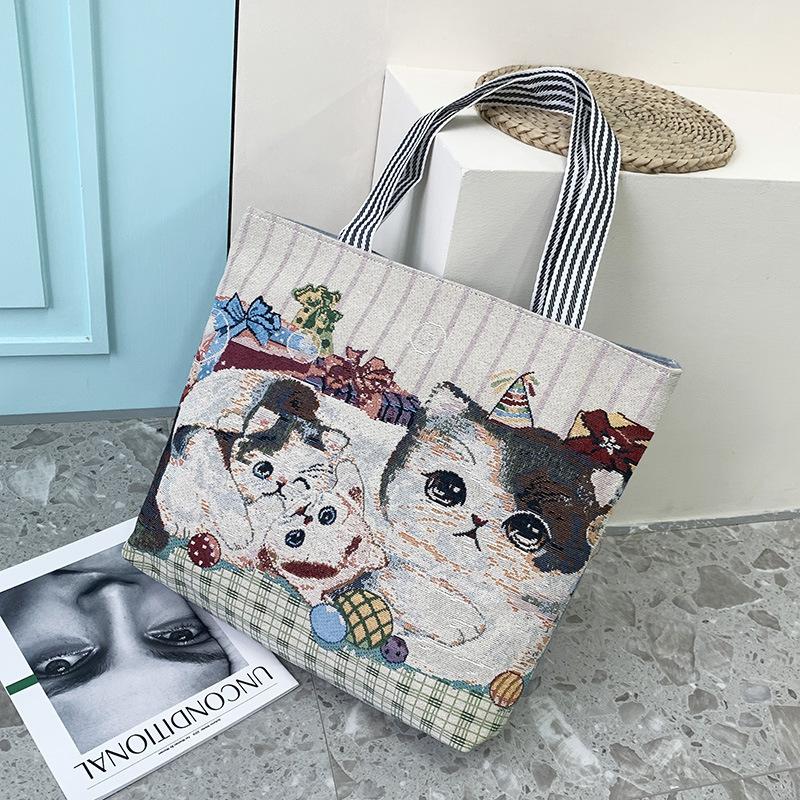 Portable Jacquard Bag Kitten Large Embroidered Canvas Bag Shopping Fashion Shoulder Women's Bag Tote Bag
