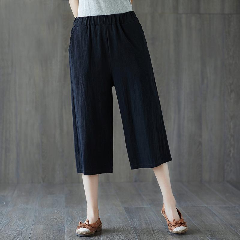 2025 Summer Fashion Cotton And Linen Seven-minute Wide-legged Trousers Female Thin Section Loose Thin Big Yards High-waisted Straight Casual Trousers