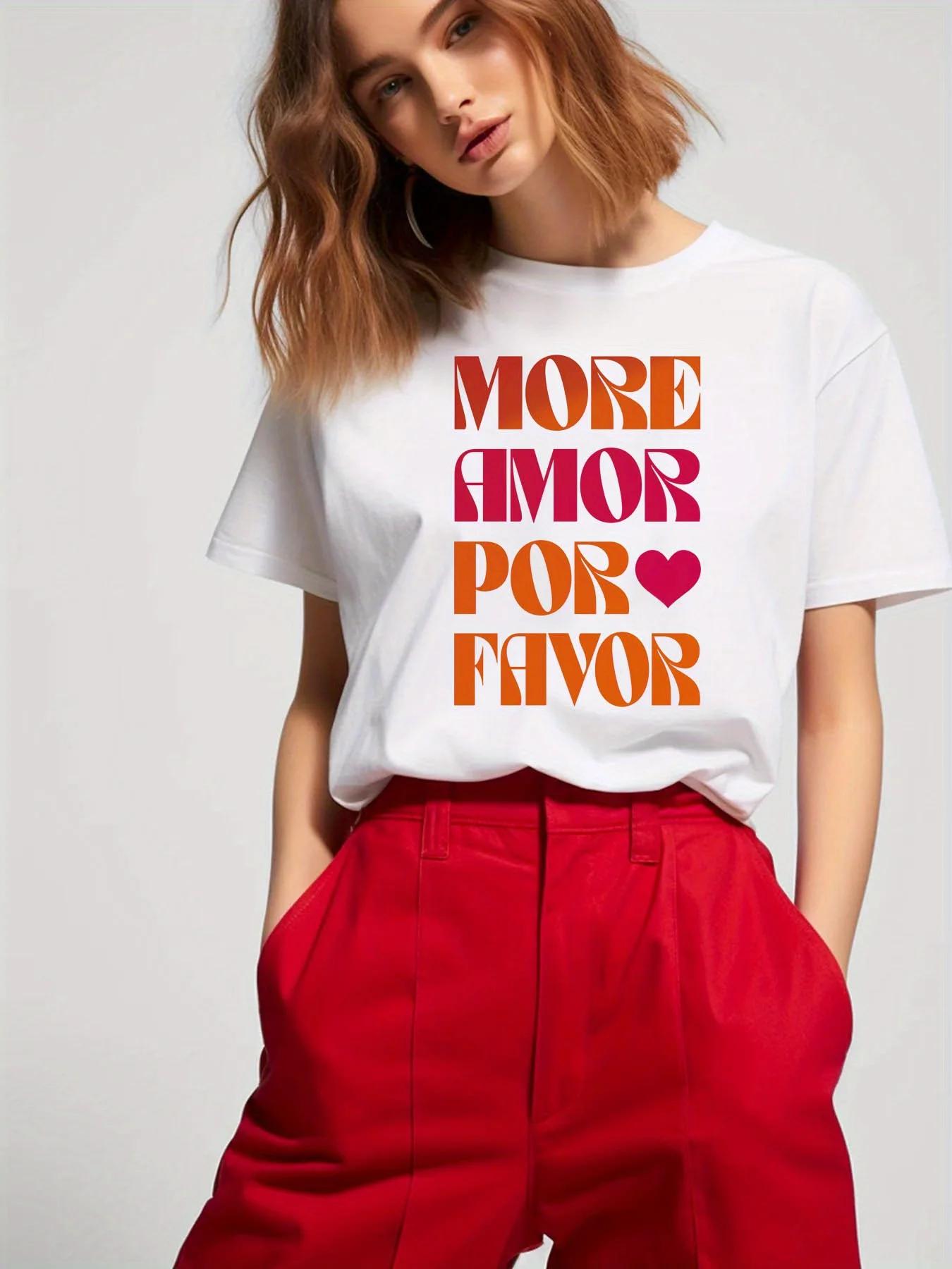 

Women S Round Neck Short Sleeve T-Shirt for Spring and Summer MORE LOVE PLEASE Printed Fashion Funny Tops Summer Tees S