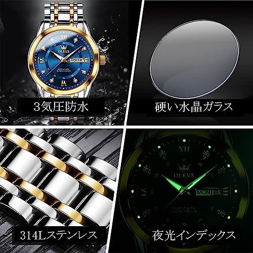 OLEVS Herren-Silberuhr, Beliebtes Quarzwerk, Kalender, Wasserdicht, Edelstahl, Stilvoll Blau
