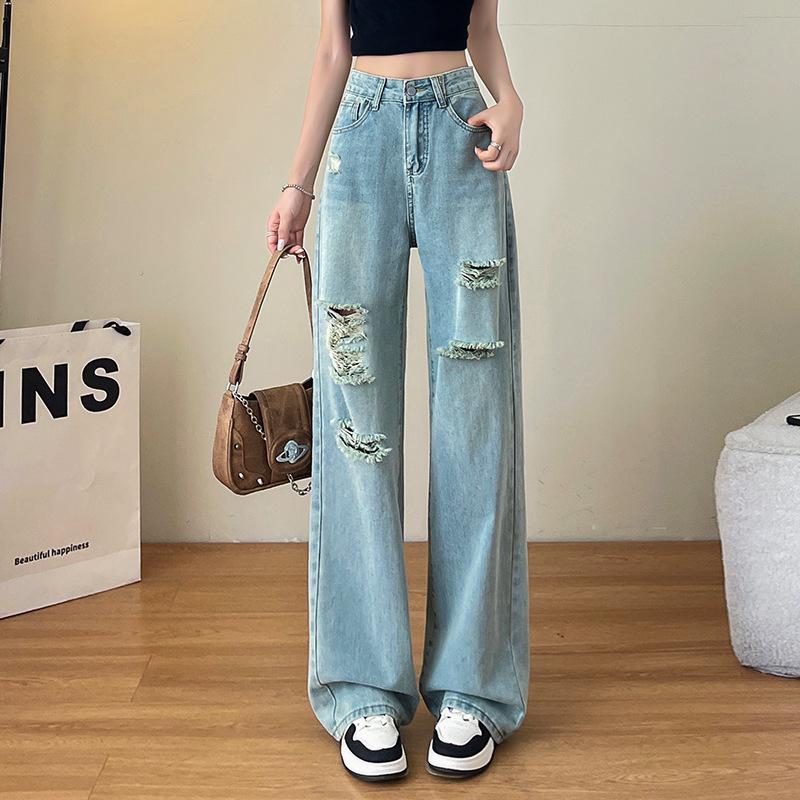 Women's 2025 High-Waisted Ripped Wide-Leg Jeans - Spring/Autumn Thin Style, Loose Petite Fit, Straight Narrow-Leg.