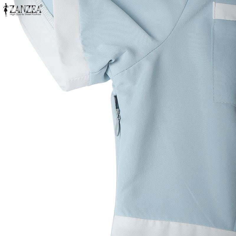 ZANZEA Women Casual Turn Down Collar Summer Short Sleeve Pleated Dress