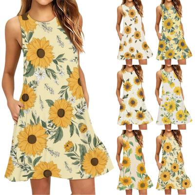 Vestido de Playa de Moda para Mujer sin Mangas Cuello Redondo Estampado Floral