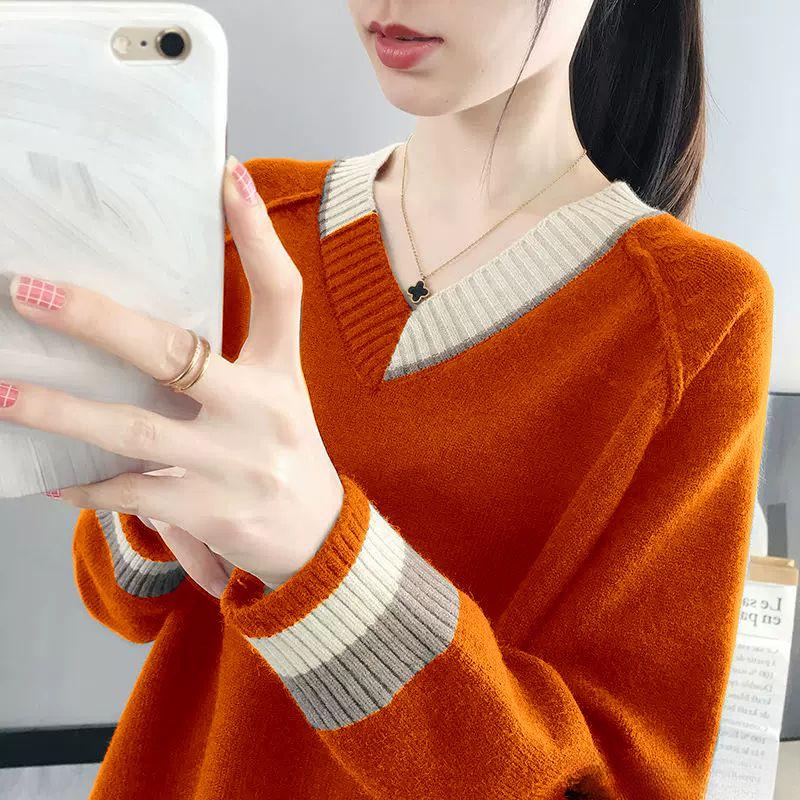 Women's V Neck Sweater Spring Fall Pullover Knit Jumper Outerwear Loose Knit Sweater Top