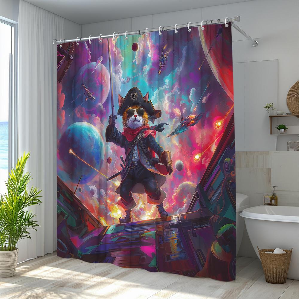 Space Pirate Cat Waterproof Mildew-Resistant Shower Curtain - Fun and Vibrant Design for a Unique Bathroom Décor Experience
