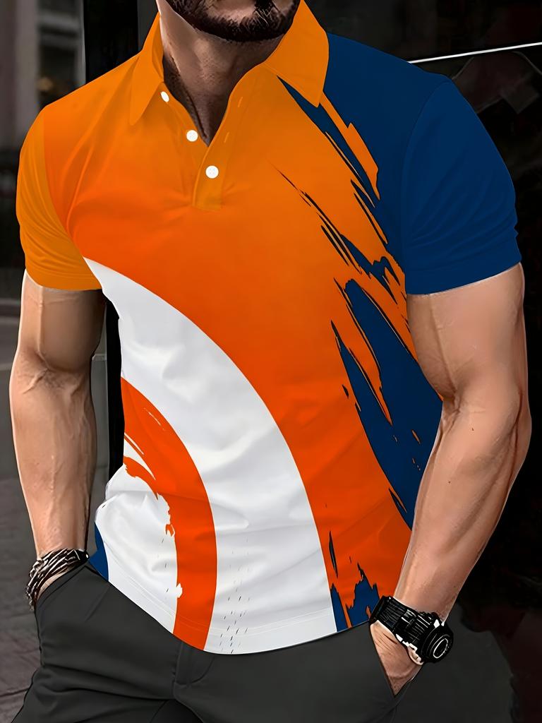 Men'S Golf Shirt Featuring Abstract Designs in Orange, Blue, And White. It Is Lightweight And Durable, Making It Ideal for Casual Home Use Or Dining