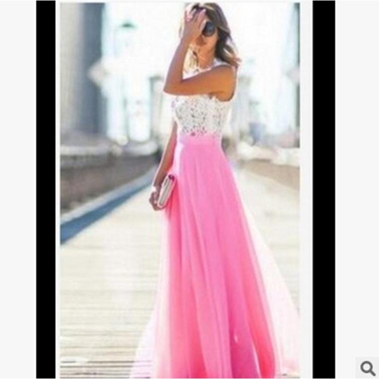 European and American Lace-Spliced Chiffon Evening Gown - Super Long, Available In 5 Colors and 5 Sizes