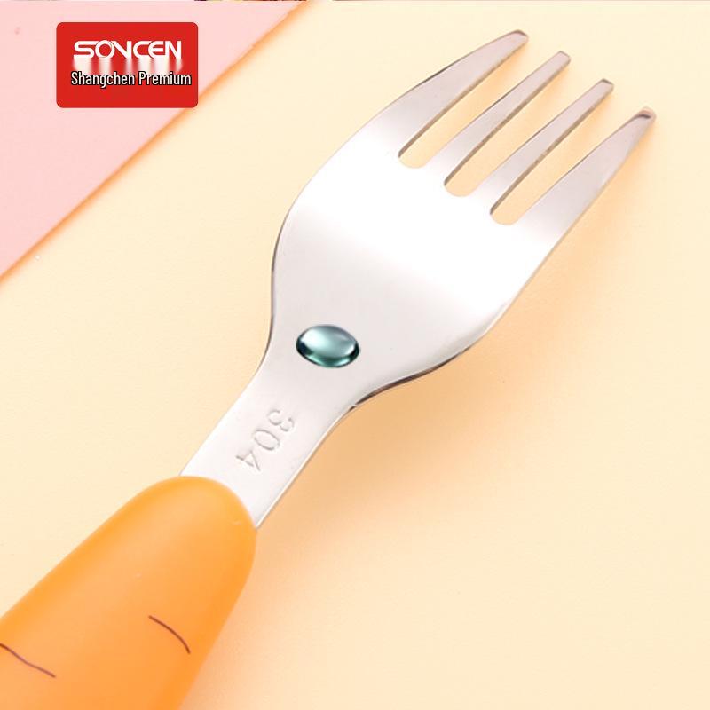 Carrot Cartoon Kids' Stainless Steel Cutlery Set: Spoon & Fork for Baby Food and Fruit Puree