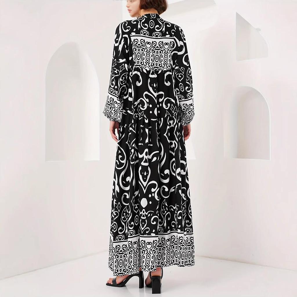 Elegant Long Sleeve V-Neck Arabic Black Dress with Islamic Print