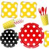 Cartoon Birthday Party Tableware Set: Black, Red, Yellow Polka Dot Plates & Napkins
