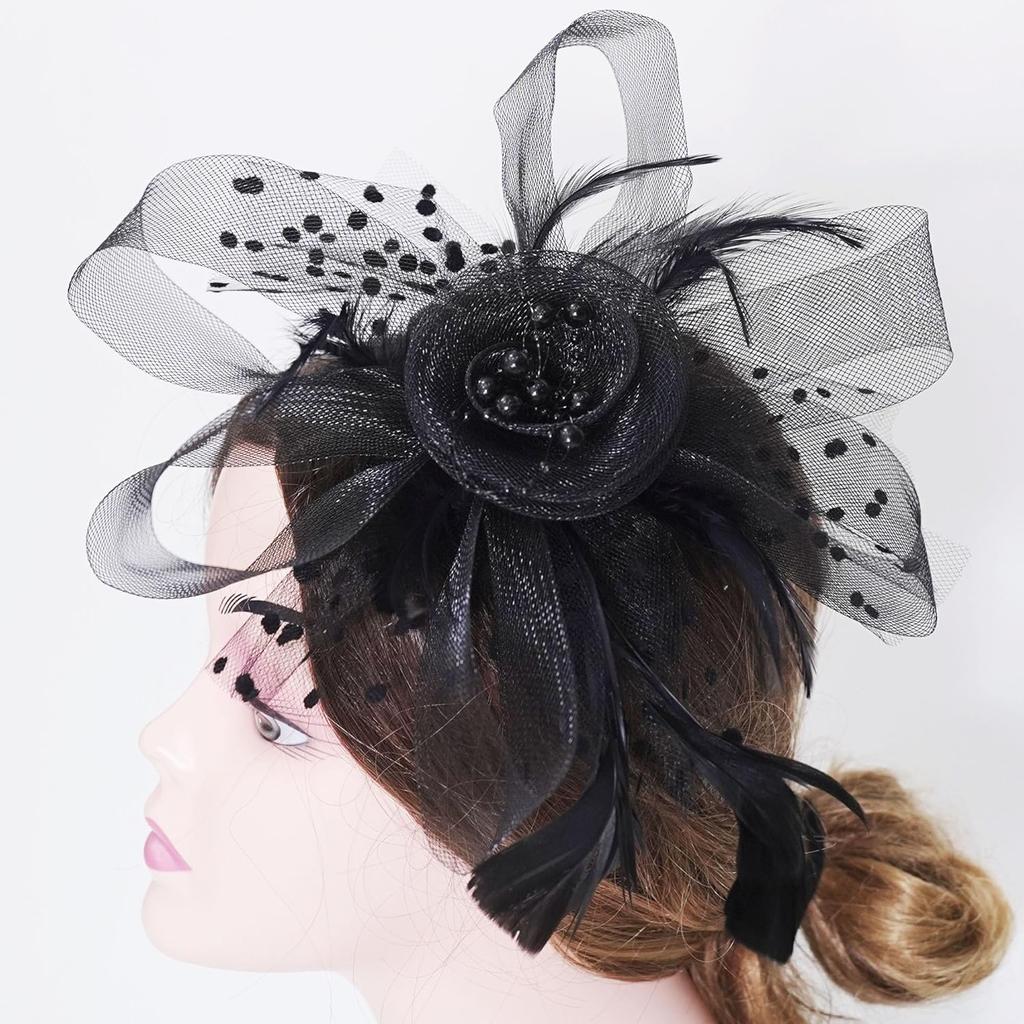 Fascinators Hats 20s 50s Hat Pillbox Hat Cocktail Tea Party Headwear with Veil for Girls and Women (US, Alpha, One Size, A-Black)