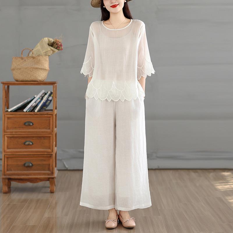 

Women s Ethnic Retro Zen Tea Ceremony Outfit: Casual Loose Shirt & Wide-Leg Pants Set Large білий