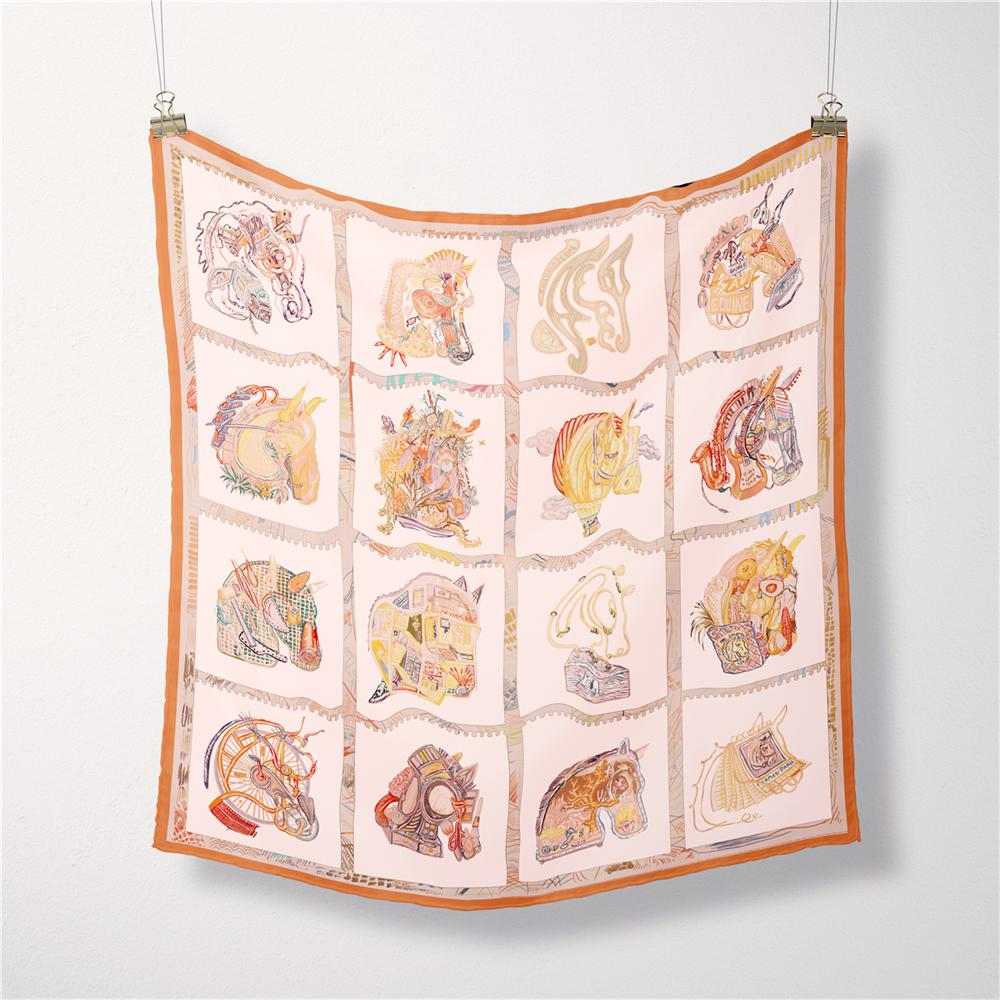 Twill Silk Scarf Woman Horse Floral Print Square Scarves Wraps Bandana Small Hijabs Foulards Lady Tie Headband Neckerchief 53CM