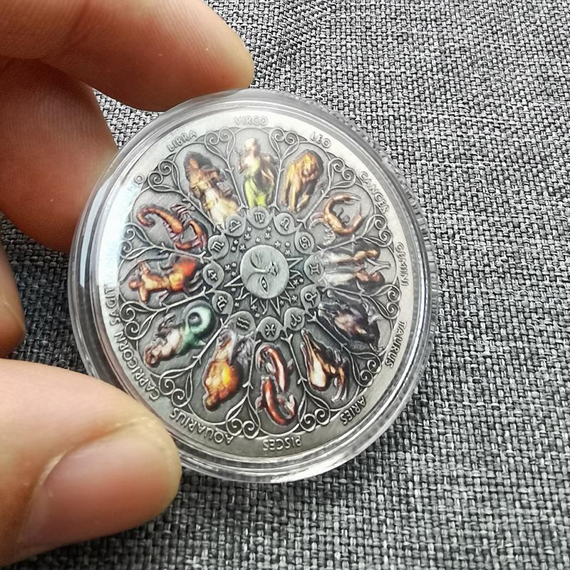 Antique Silver-Plated Zodiac Collector Coin: 12 Constellations Badge and Challenge Medal