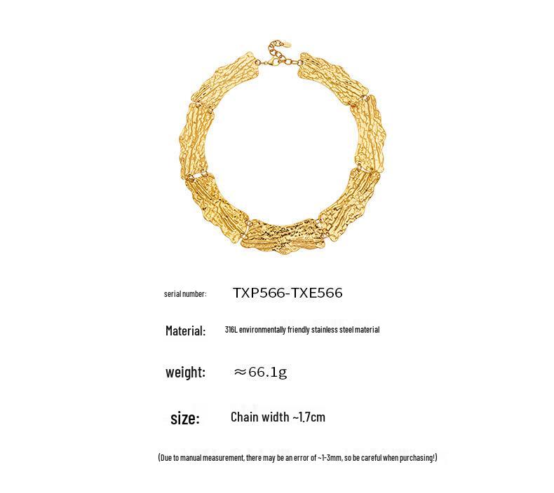 Vintage-Style Wide Textured Handmade Necklace: 18K Gold & Stainless Steel Women's Jewelry