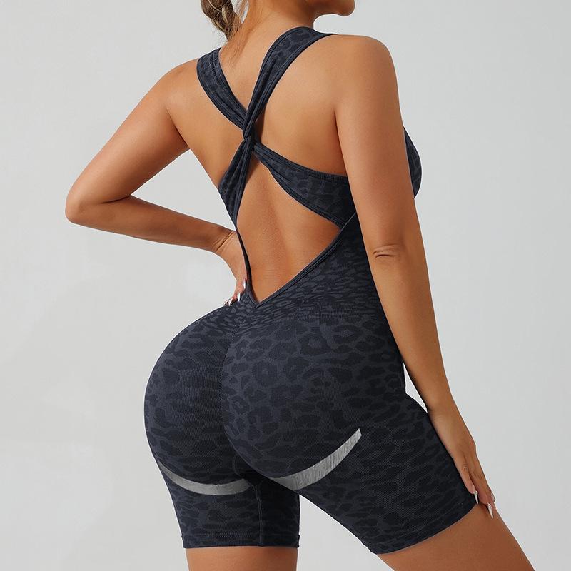

Women s Leopard Print Crisscross Back Seamless Yoga Bodysuit Medium серый