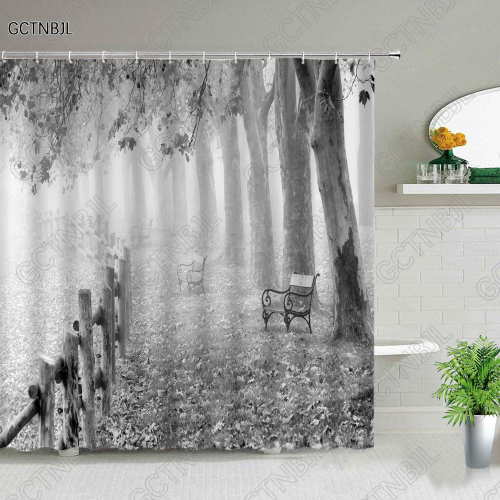 Forest Landscape Shower Curtains Green Tropical Plant Palm Tree Flower Leaves Garden Natural Scenery Bathroom Decor Bath Curtain