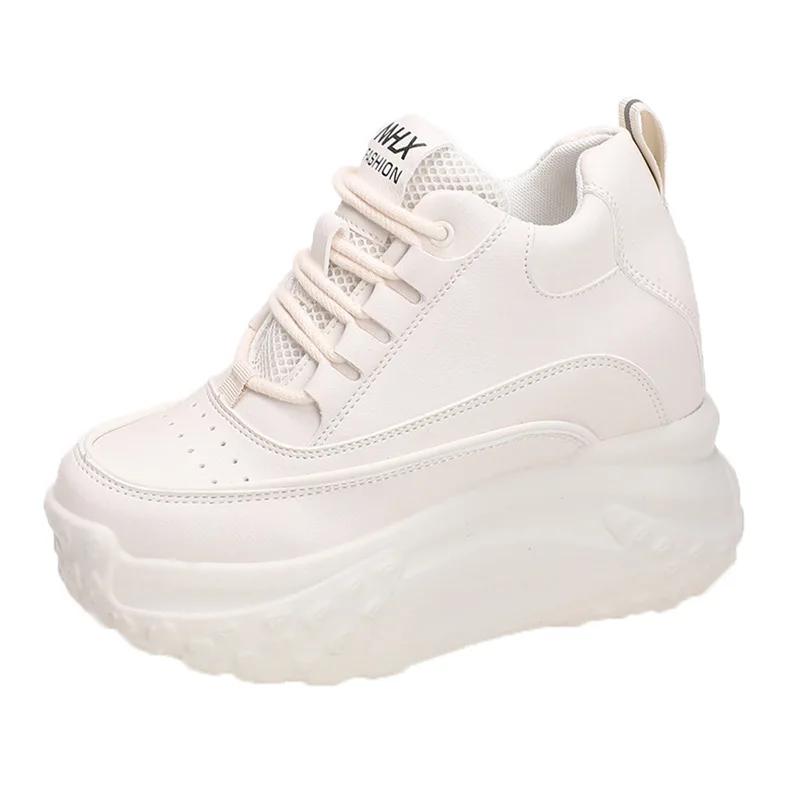 10CM High Heels Autumn Chunky Sneakers for Women 2025 New Platform Sports Mesh Shoes Woman Lace-up Thick Bottom Dad Shoes Ladies