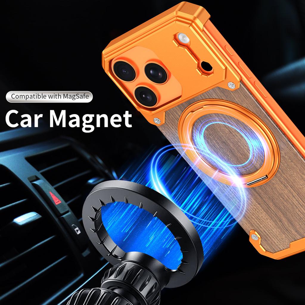 Luxury Metal Alloy Frame Wood Frameless Phone Case For iPhone 17 pro max 16 15 Pro Max Magsafe Magnet 360 Rotating Bracket Cover