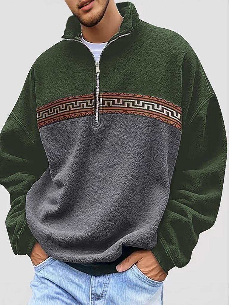 Men's Autumn/Winter Half-Zip Fleece Stand Collar Color Block Jacquard Sweatshirt