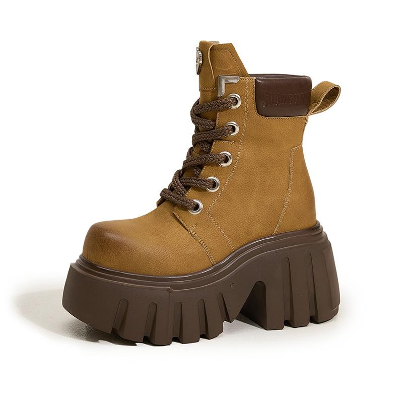 Plateausohlen-Martens Damen 2025 Herbst und Winter neue Stiefel kleiner interner Höhenzuwachs Stiefeletten vielseitig dicker Absatz große gelbe Stiefel