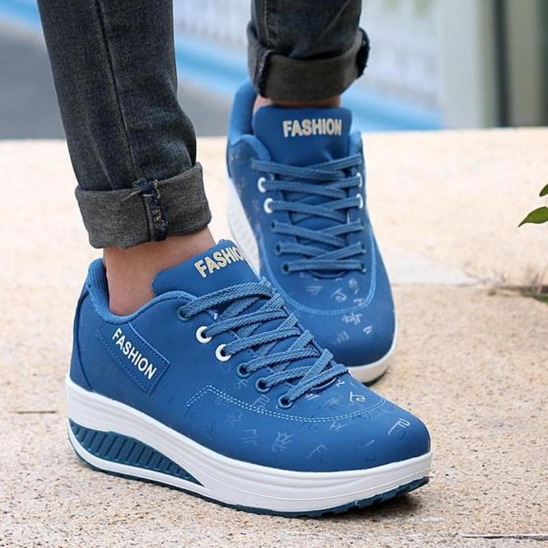 Fashion Women Running Sports Shoes Rocker Shoes Breathable Platform Shoes PU Leather Casual Walking Wedge Heels