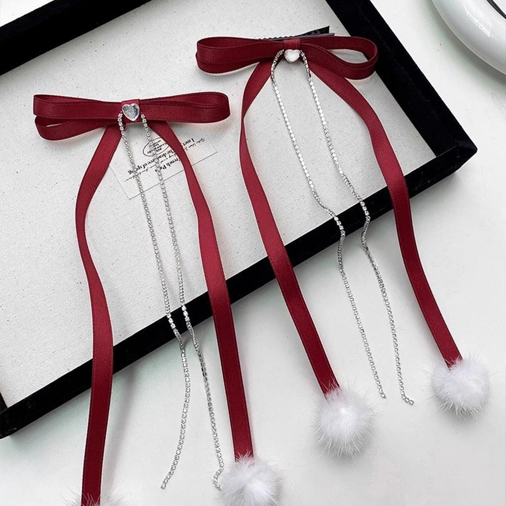 Cute Sweet Girly Bow Hair Clip Bow Long Ribbon Y2K Pompoms Bow Bunches Rhinestones Sweet Balletcore Style