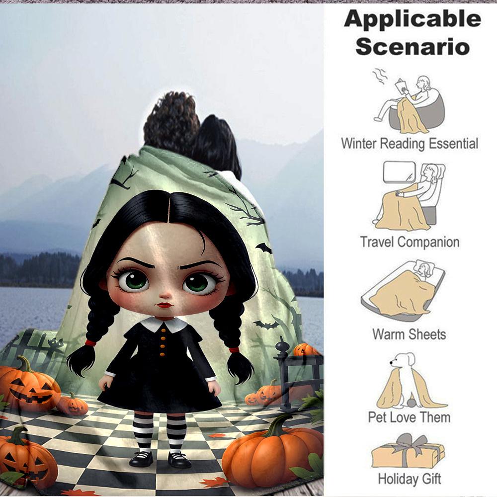 1pc Halloween, Wednesday Blanket Lightweight Flannel Blanket Throw Blanket For Sofa, Bed, Travel, Camping, Livingroom, Office, Couch
