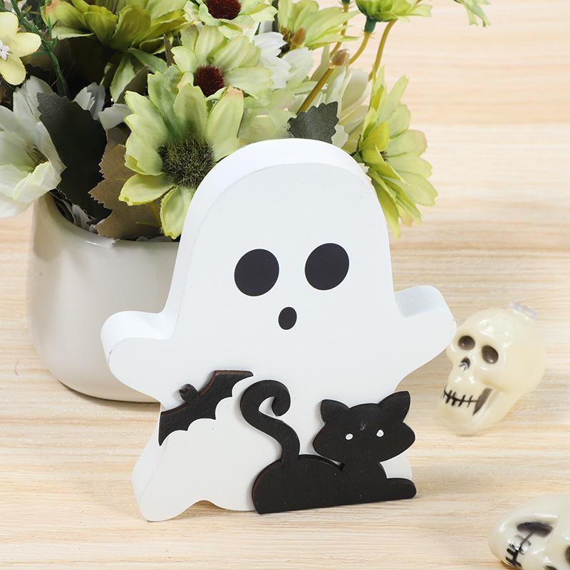 Cute Ghost Halloween Decorations for Indoors Spooky Decorations Wooden Black Cat Bat Witch Broom Signs Pumpkin Blocks Decor