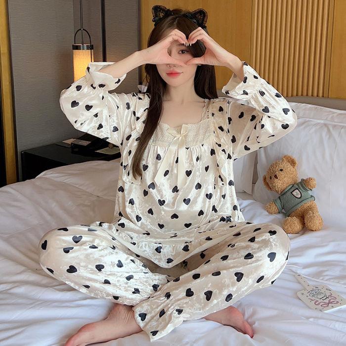 Autumn Spring Pajama Women New Golden Velvet Girls Lace Loungewear Set Square Neckline Sweet Leisure Loose Comfort Homewear Suit