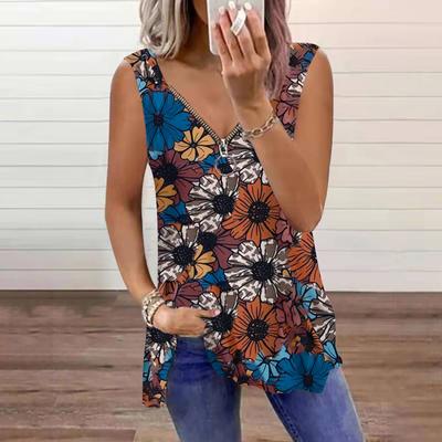 Women's Top Summer Withered Leaf Printed Casual Plus Size Sleeveless Zipper V-neck Top Tank Top