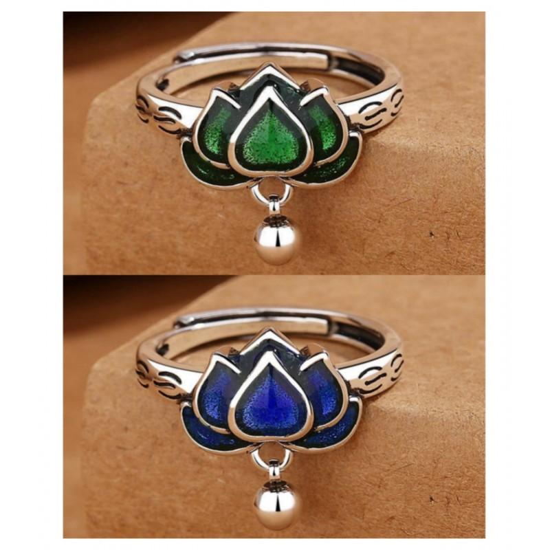 Adjustable Open Ring Women Men Vintage Floral Lotus Design Enamel Copper Jewelry Boho Chic Statement Accessory