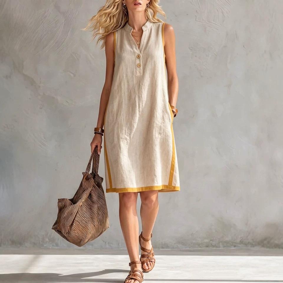 European and American summer new women's clothing women's V-neck sleeveless casual loose cotton and linen dress