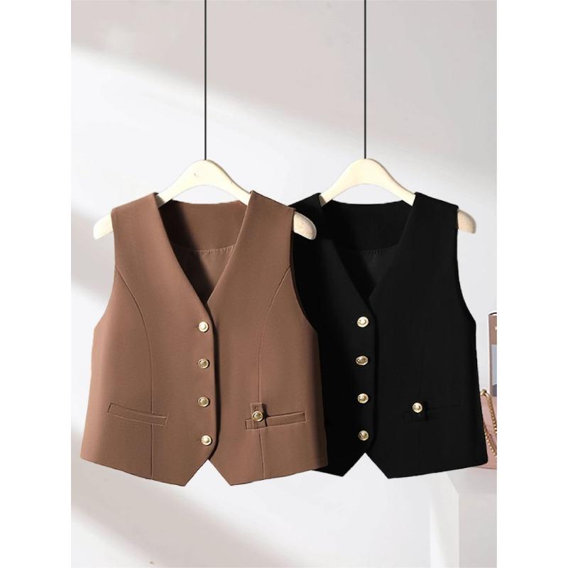 Mode Dames Mouwloos V-Hals Kort Gilet Pak Jas Lente Herfst Gevoerd Gilet Casual Top
