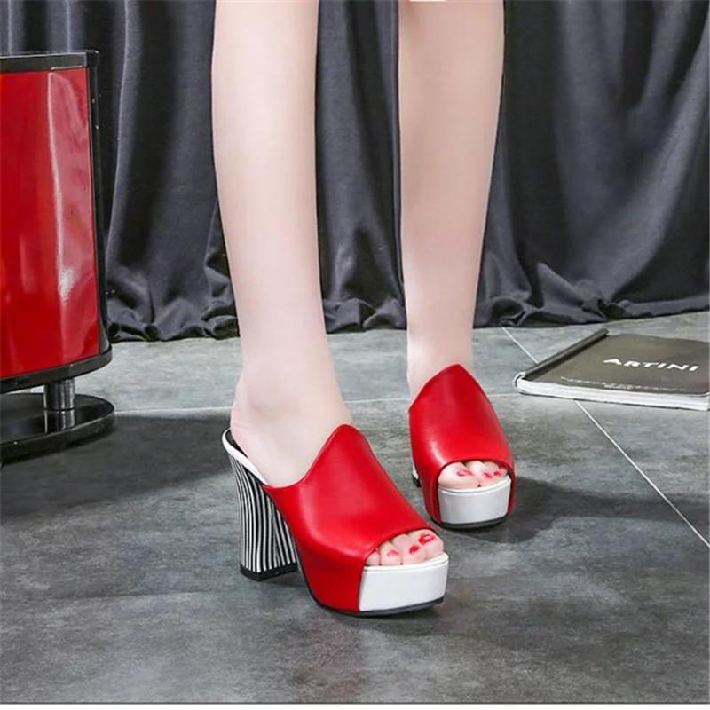 Summer Sexy Women Elegant Red High Heel Sandals Peep Toe Platform Shoes Zebra Chunky Heel Shoes Lady Thick Heel Fashion 34-40