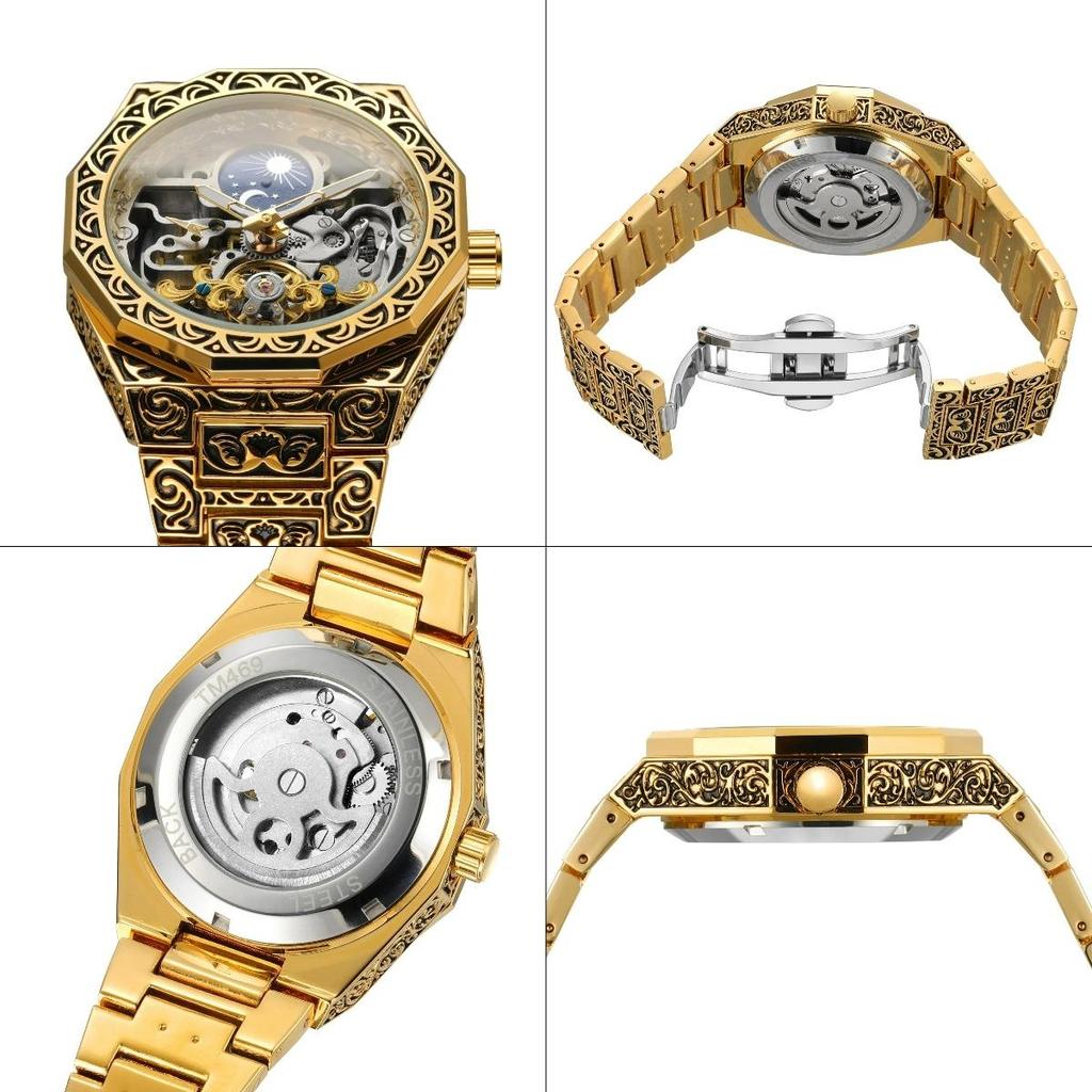 FORSINING Mens Luxury Engraving Wrist Watches Unique Tattoo Pattern Carved Stainless Steel Band Luminous Automatic Skeleton Watch