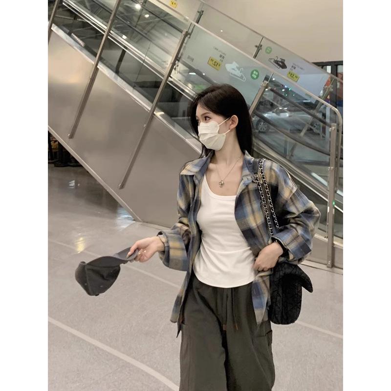 Korean Style Plaid Turn-Down Collar Long Sleeve Women's Shirt - Spring/Summer Casual Loose Mid-Length Sun Protection Top