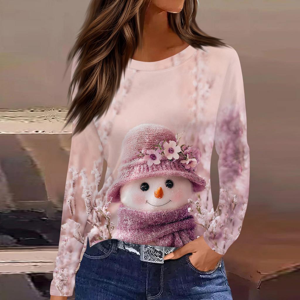 Women's Fashion Casual Slit Hem Round Neck Long Sleeve Loose Printed T-Shirt Ladies Top Christmas