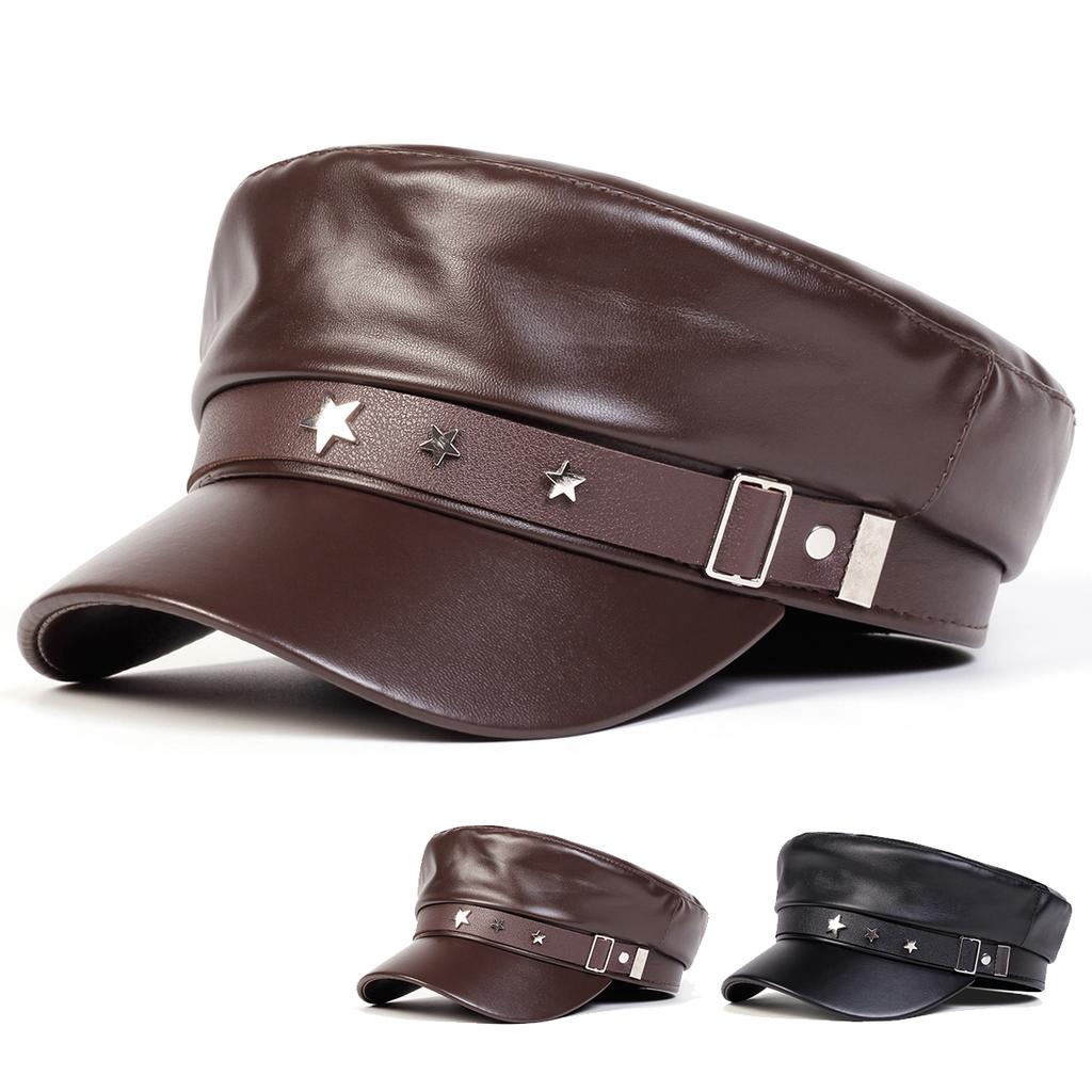 Unisex PU Leather Star Buckle Military Hats Flat Top Baseball Caps For Women Outdoor Sports Military Hats Cadet Sunscreen Hats