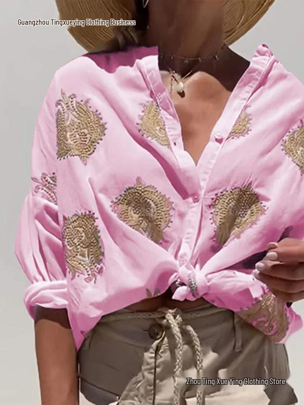 European & American Graphic Print Long Sleeve Women's Button-Up Shirt - Autumn Style