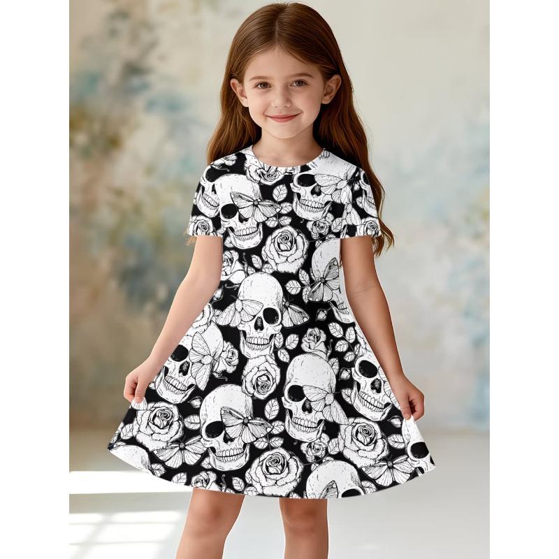 Gothic Cartoon Skull 3D Printed Girl Clothes Summer Princess Elegant Dresses Comfortable Short Sleeve Dress Fashion Kids Clothes