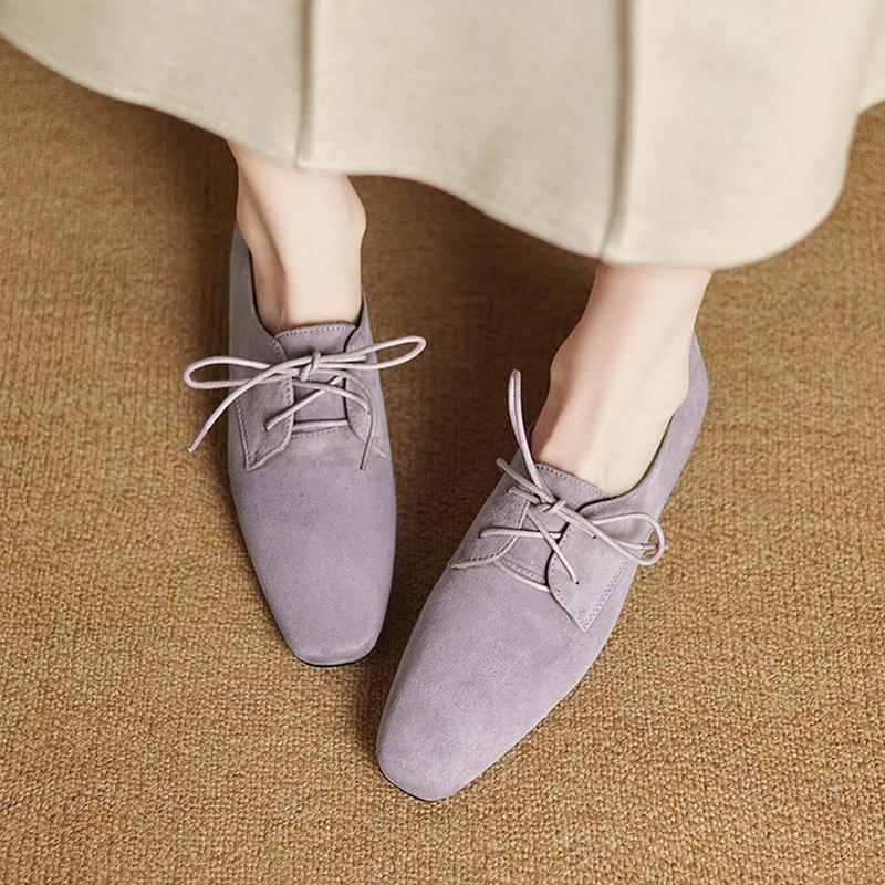 Fashion NEW Spring/Autumn Women Loafers Square Toe Low Heel Shoes Sheep Suede Leather Shoes for Women Lace-up Women Pumps Concise Shoes