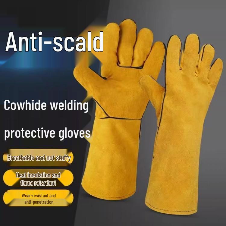 Fleece-lined Cowhide Welding Gloves - Heat Resistant, Soft, Wear-Resistant, Winter Warm, Extended Protection.
