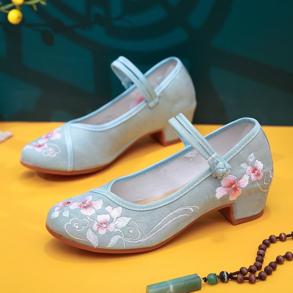 Linglan, the New Square Heel Is Matched with Cheongsam Hanfu Shoes, Ethnic Style Single Shoes, Embroidered Shoes.