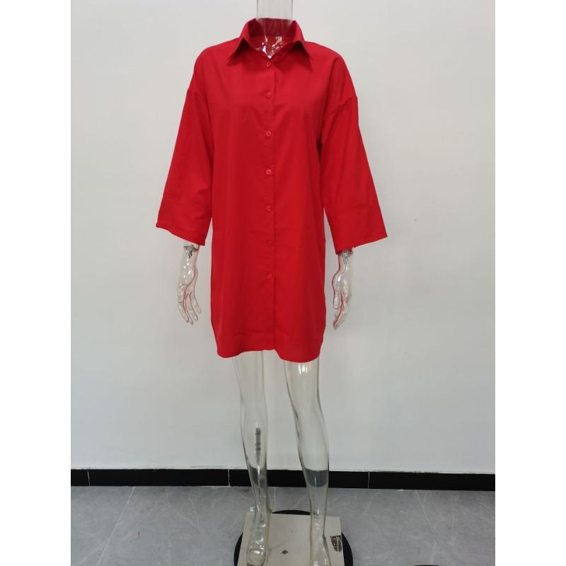 Spring and Autumn Women's Dress Plus Size Solid Colour Loose Shirt Dresses