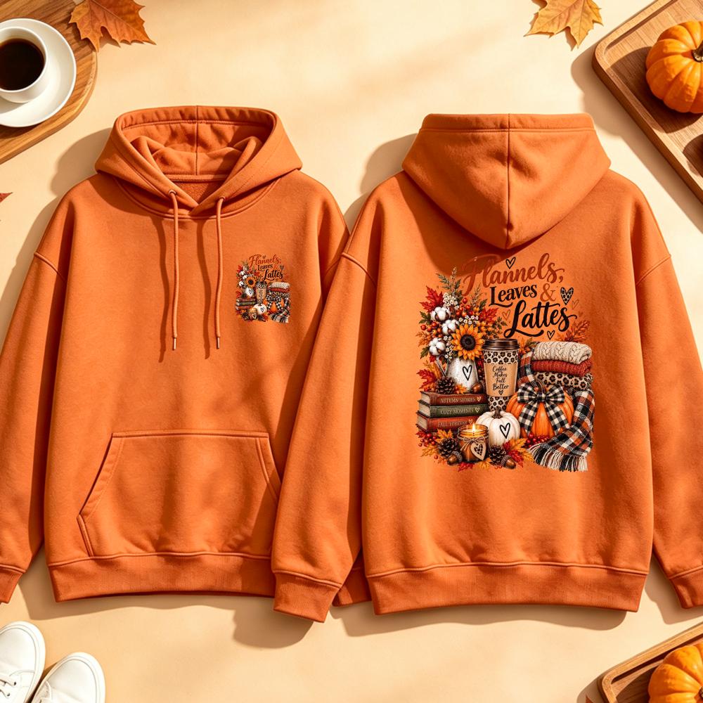 Flannels Leaves Lattes Hoodie Autumn Coffee Graphic Sweatshirt Fall Pumpkin Sunflower Candle Book Unisex Pullover Top