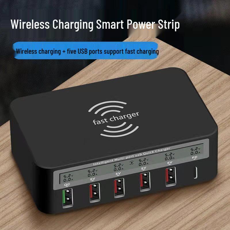 6-Port USB Charger with QC3.0 Fast Charge, PD 20W, and 15W Wireless Mobile Charging