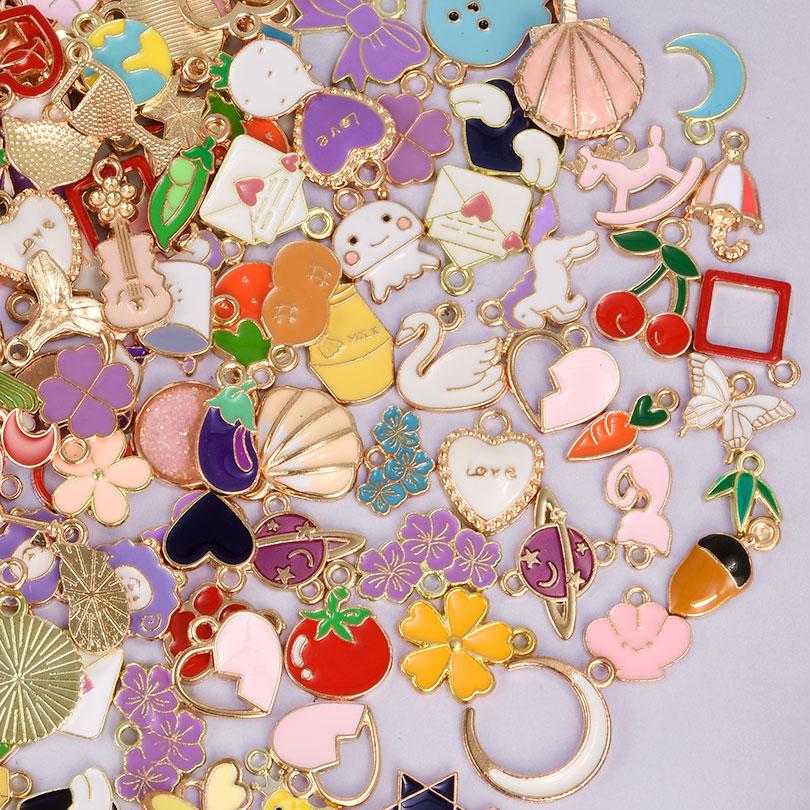 30/60/100pcs Random Mix Enamel/Drip Oil Charms For Jewelry Making Bulk Cute Charm Flower Heart Animal Music DIY Bracelet Pendant
