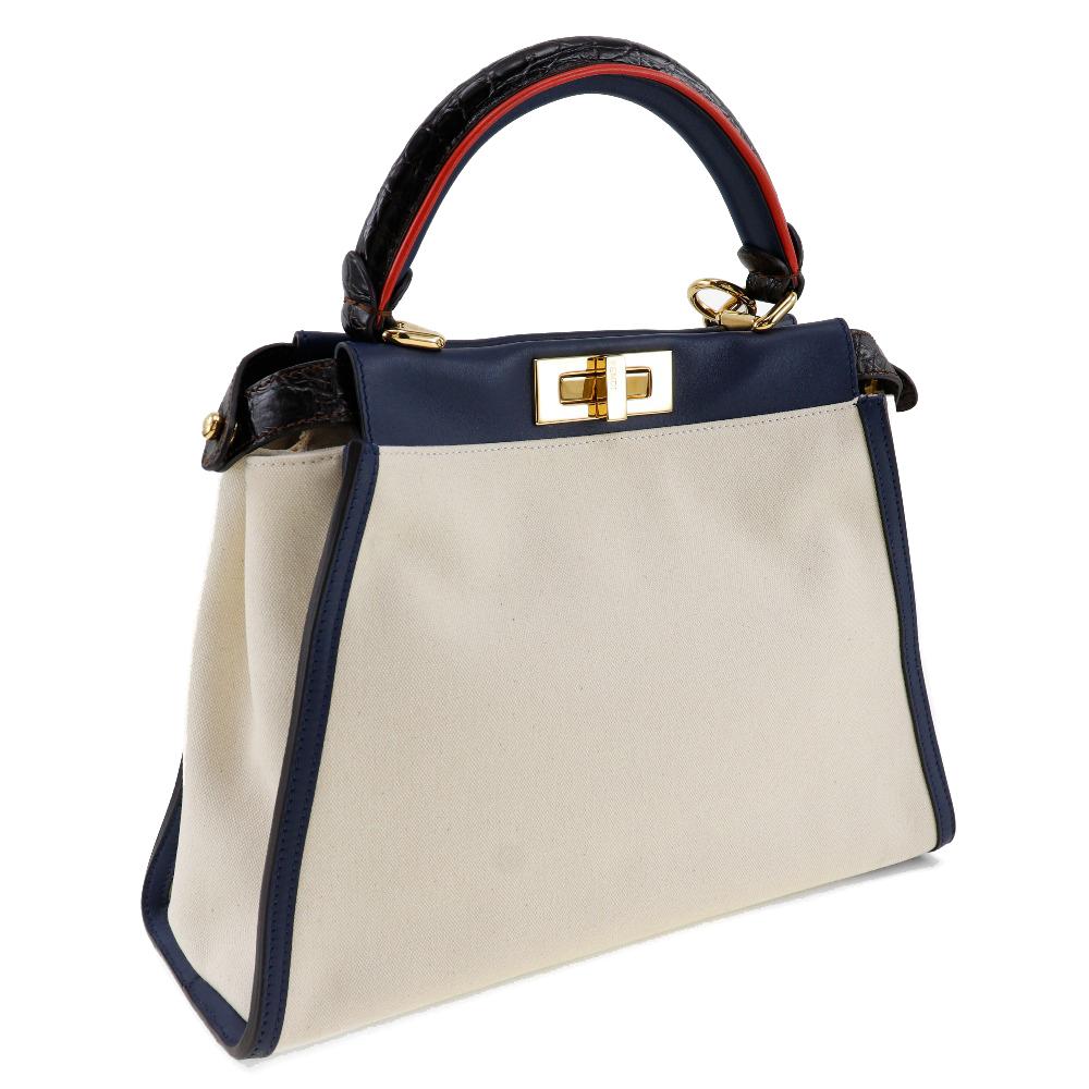 Fendi Peekaboo Handbag 8BN290 2WAYShoulder White / Navy canvas/Calfskin Women Used