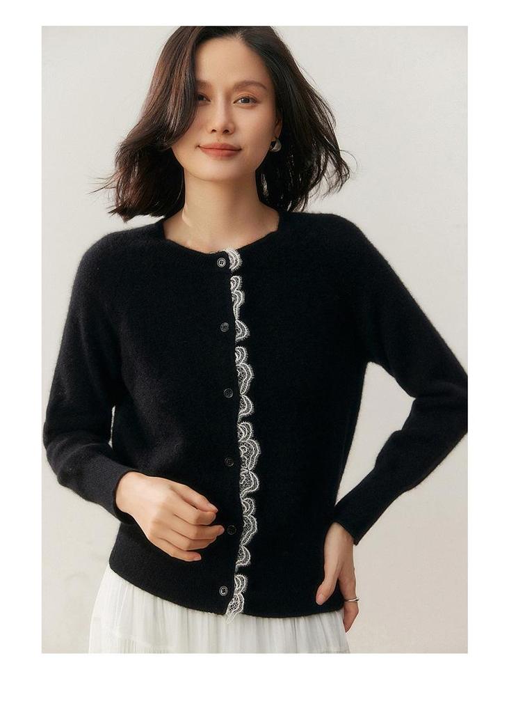 Women's Autumn Cashmere Round Neck Lace Knit Cardigan Sweater - Korean Style, Solid Color, Outerwear Option